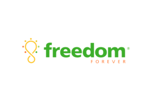 Logo with a heart and infinity symbol in yellow, text 'freedom forever' in green and orange.