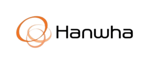 Logo of Hanwha, a company with an orange emblem and black text.